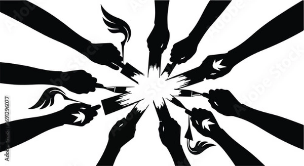 Fototapeta Diverse hands holding paintbrushes creating a bright light burst together