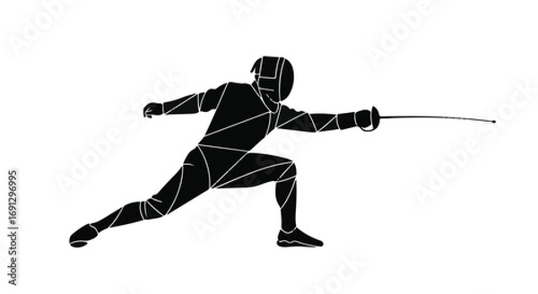 Fototapeta Dynamic fencer in protective gear lunges forward with sword extended in athletic combat.