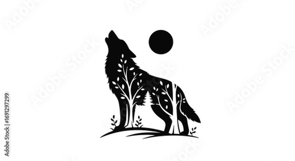 Fototapeta Majestic wolf silhouette howling at the full moon, with a forest growing within its form.