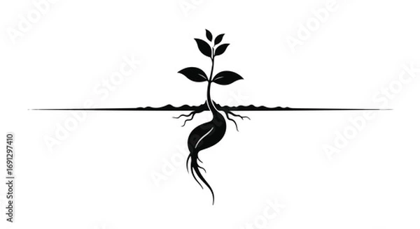 Fototapeta Symbolic illustration of a plant growing from a seed with roots, representing new life and growth.