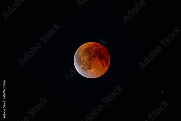 Fototapeta Blood moon during total lunar eclipse in dark night sky, red full moon astronomy phenomenon with stars, celestial space background for science, astrology and cosmic design