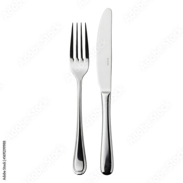 Obraz Fork and knife silverware set on white background.