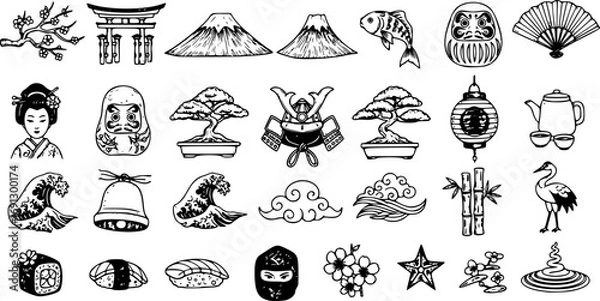 Fototapeta Japanese Doodle Set. Hand Drawn Traditional Japanese Design Elements and Vector Illustrations