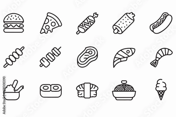 Fototapeta Collection of outline icons representing various delicious food items and fast food, including burgers, pizza, sushi, and ice cream