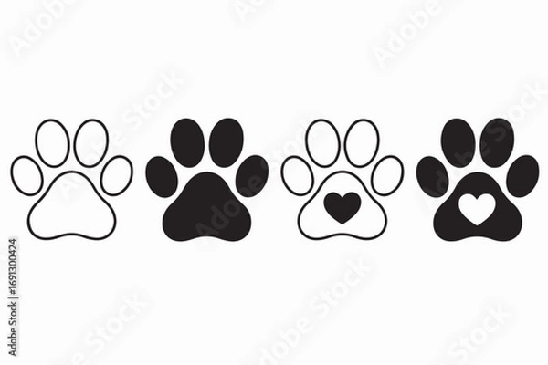 Fototapeta Set of four simple paw print icons, some filled, some outlined, with one outlined and one filled paw print featuring a heart