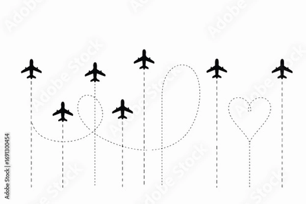 Fototapeta Airplanes Trace Paths Forming Shapes, Including a Heart, Against a White Background