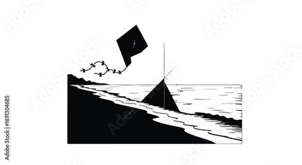 Fototapeta A solitary kite dances against a stark, graphic seascape with abstract geometric shapes.