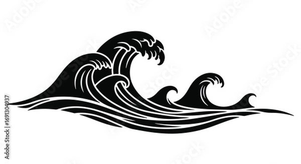 Fototapeta Dynamic black wave illustration, powerful ocean crests and flowing water