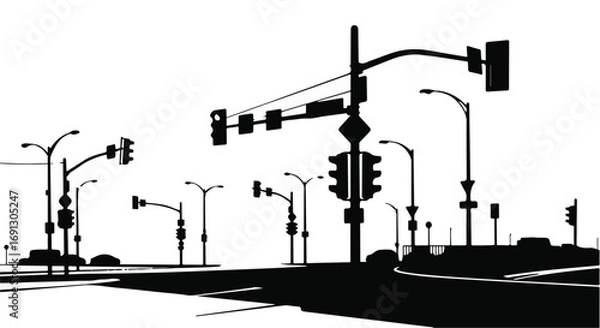 Fototapeta Urban intersection with multiple traffic lights and streetlights casting shadows on a bright day