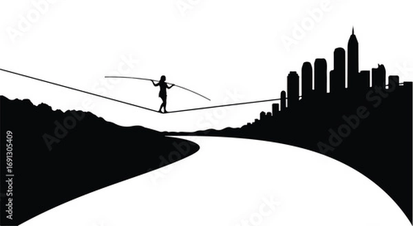 Fototapeta Silhouette of a person balancing on a tightrope with a city skyline in the background