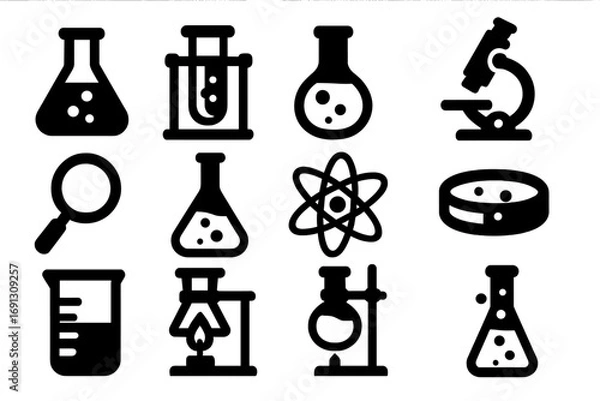 Obraz Science lab icon set. Chemical laboratory equipment and biology research tool silhouettes. Vector illustration of microscope, beaker, flask, atom, and test tube symbols.