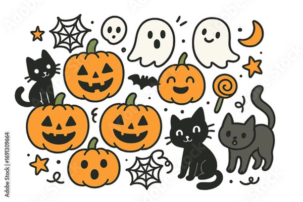 Obraz Set of cute Halloween cartoon doodles. Playful hand-drawn vector illustration with pumpkin, ghost, black cat, bat, and spiderweb icons. Kawaii holiday sticker collection pack.