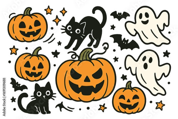 Obraz Halloween cartoon character set with cute ghosts, spooky black cats, and jack o'lantern pumpkins. Hand-drawn doodle vector illustration collection for autumn holiday design.