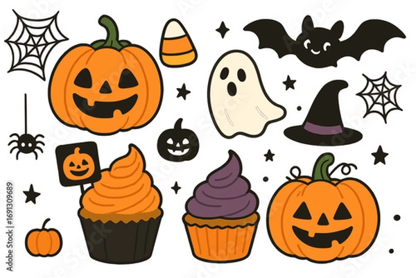 Obraz Cute Halloween icon set with jack-o'-lantern pumpkins, spooky cupcakes, ghost, bat, and spider. Vector cartoon illustration collection for holiday party decoration elements.