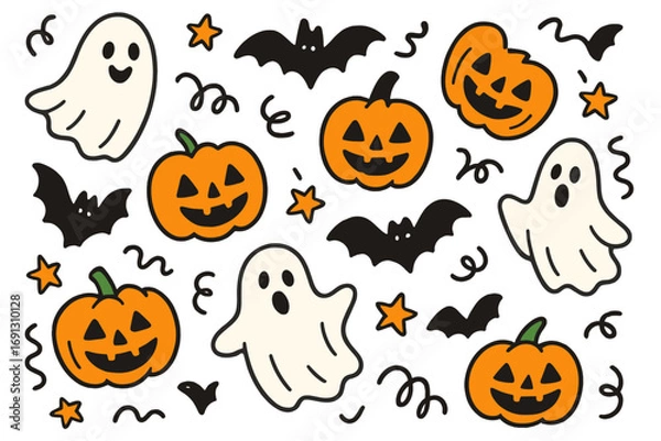 Obraz Set of cute Halloween doodle elements. Vector collection with cartoon ghost, pumpkin jack o lantern, and bat. Spooky autumn holiday characters for kids. Flat design isolated icons.
