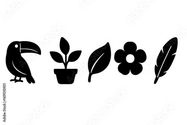 Fototapeta Black silhouette collection of tropical nature icons. Toucan bird, potted plant, leaf, flower, and feather. Jungle fauna and flora elements. Simple flat vector graphic set.
