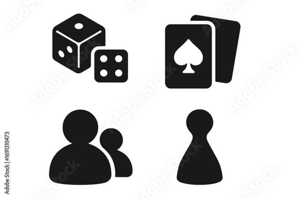 Fototapeta Board game icon set. Tabletop gaming elements. Vector collection of silhouettes: dice, playing cards, player pawn, and people figures. Simple glyphs for family leisure.