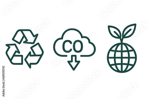 Fototapeta Set of eco-friendly icons for sustainability. Linear vector symbols for recycling, CO2 reduction, and green planet. Environmental conservation and ecology concept design.
