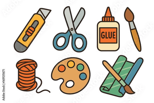 Fototapeta Crafts and hobbies tools icon set. Art supplies for creativity and DIY projects. Vector cartoon illustration of scissors, glue, paint, brush, paper, cutter, and thread. School supplies.