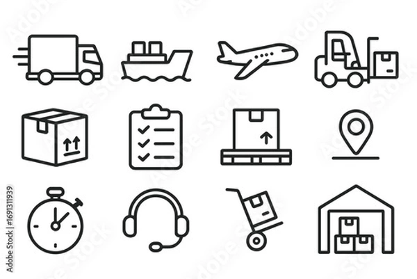 Fototapeta Logistics and transportation line icon set. Shipping, delivery service. Cargo freight by truck, ship, air. Warehouse, storage, forklift. Package tracking, support. Vector.