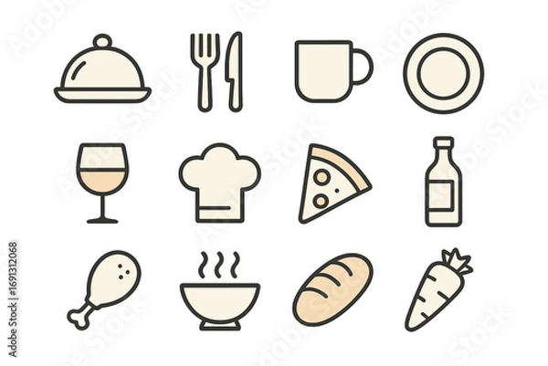 Fototapeta Food and dining line icon set. Minimalist vector graphic collection for restaurant menus, culinary projects, and cooking apps. Features cartoon symbols like pizza, wine, and bread.