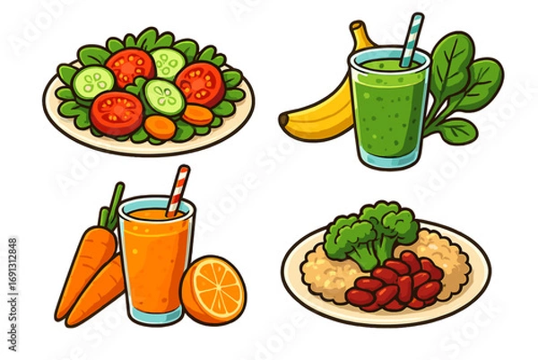 Fototapeta Healthy food set. Vegan meal collection. Vector cartoon icons of salad, green smoothie, juice, and rice with beans. Nutritious eating, diet, and detox concept illustration.