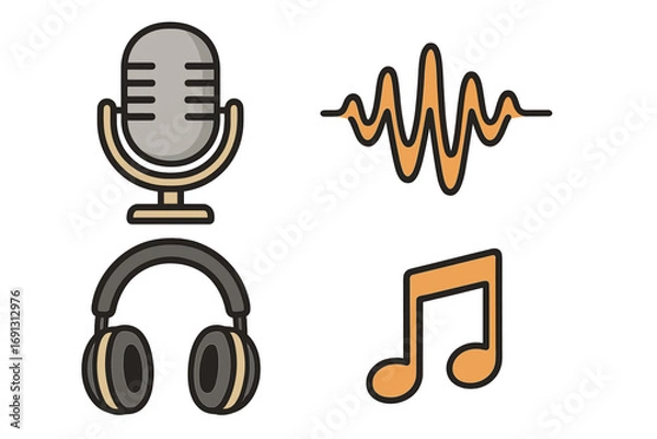 Fototapeta Podcasting equipment icon set with microphone, audio waveform, headphones, and music note. Vector cartoon illustration for radio show, broadcast, streaming, and sound recording.