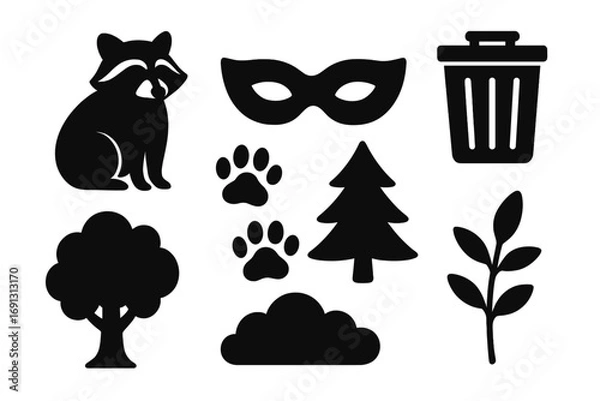 Fototapeta Raccoon silhouette icon set with nature elements. Vector collection of forest wildlife animal, trash can, paw print, tree, and leaf. Cute cartoon clip art for design.