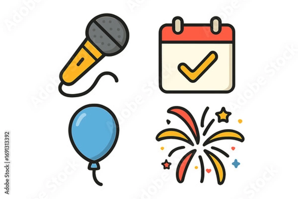 Fototapeta Celebration party event icon set. Vector cartoon illustration. Microphone for concert, calendar for date reminder, balloon for holiday, fireworks for new year anniversary.