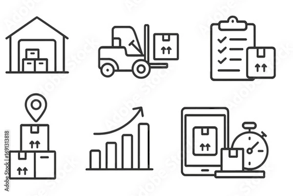 Fototapeta Warehouse management icon set. Linear icons for logistics and shipping solutions. Vector symbols for inventory control, cargo delivery, distribution, and supply chain management.