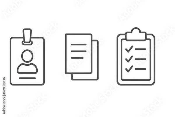 Obraz Employee badge, ID card, and documents line icon set. Office management pictograms with clipboard checklist, staff identification, and paperwork symbols for web and apps. Editable stroke vector.