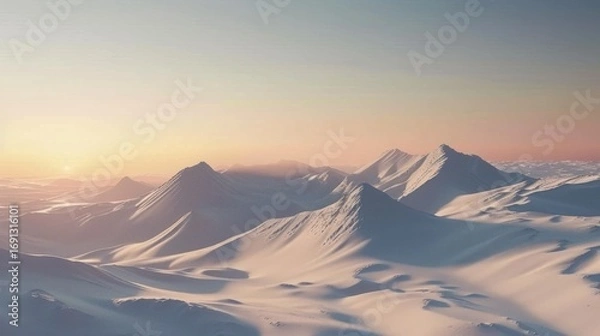 Fototapeta Snowy Mountain Range at Sunrise with Soft Light and Calm Atmosphere