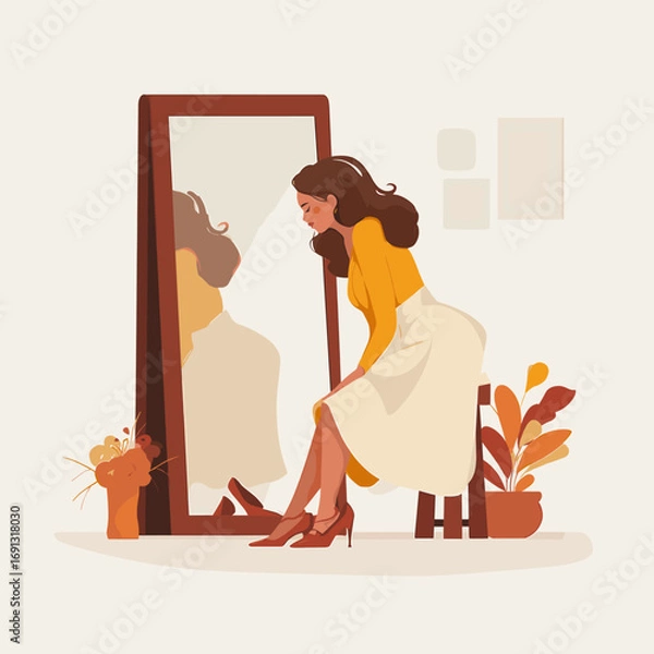 Obraz A woman is looking at her reflection in the mirror
