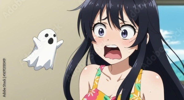 Fototapeta A shocked anime girl with a terrified expression reacts in surprise to a cute cartoon ghost floating beside her
