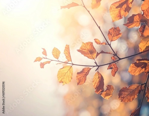 Fototapeta Autumnal Branch Sunlight Through Golden Leaves Against Bokeh Background