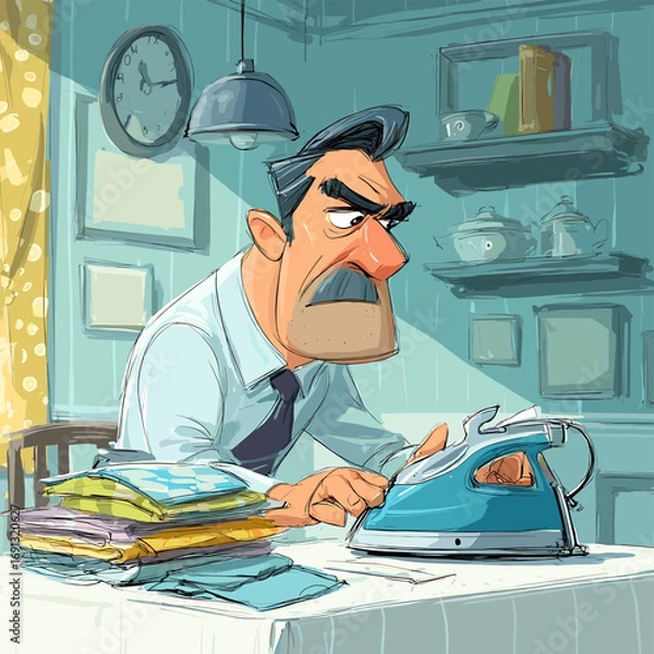 Obraz An illustration depicts a man ironing clothes in a cozy kitchen setting, with a sense of frustration