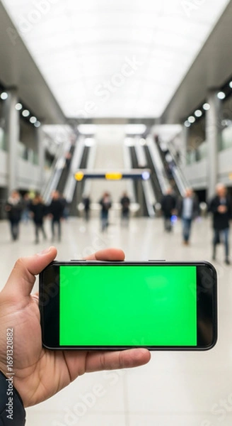 Fototapeta Smartphone with green screen inside a modern metro station.