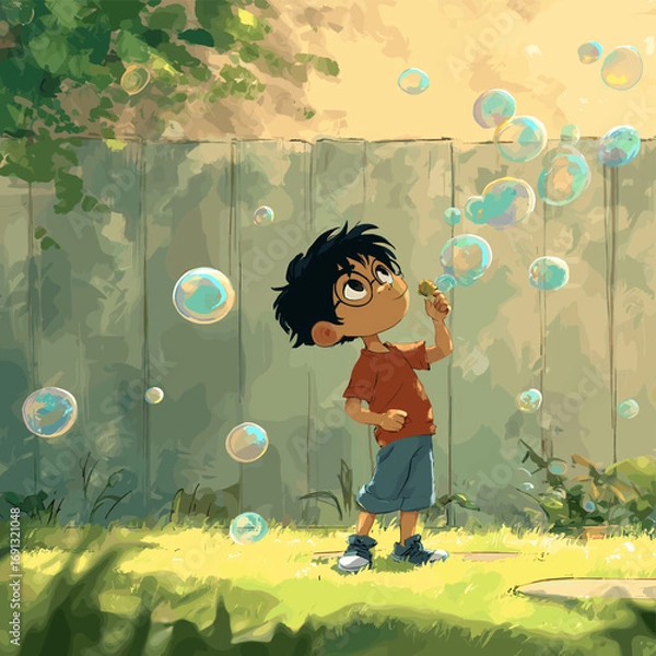 Obraz A young boy enjoys blowing bubbles in a sunny backyard, creating a scene of joyful play and simple pleasures