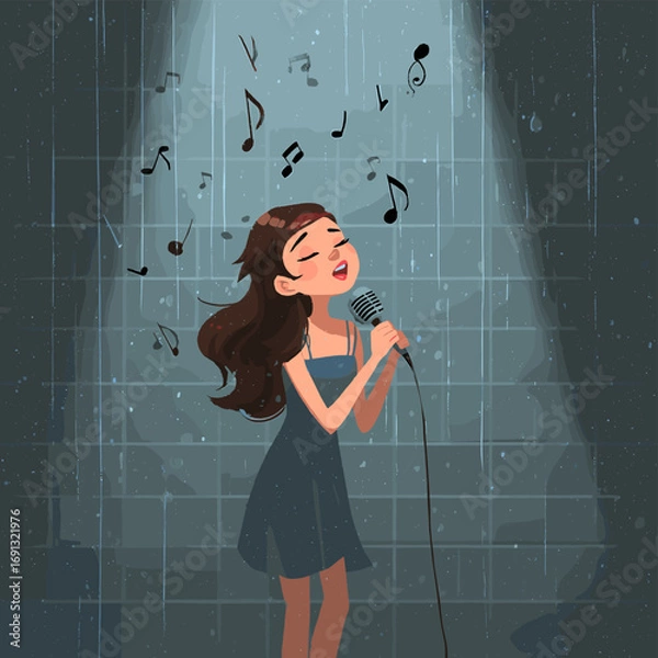 Obraz A young woman passionately singing into a vintage microphone under a spotlight, with musical notes floating around her