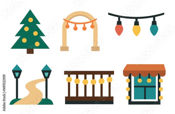 Fototapeta Christmas celebration flat icons set. featuring tree, archway, lights, pathway, fence, and window decor.