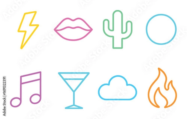 Fototapeta Neon flat icon set. featuring lightning, lips, cactus, circle, music note, cocktail, cloud, and fire symbols.