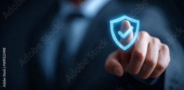 Fototapeta Blue shield illustration hovers over finger, protecting secure data. For digital security, branding, and technology concepts.