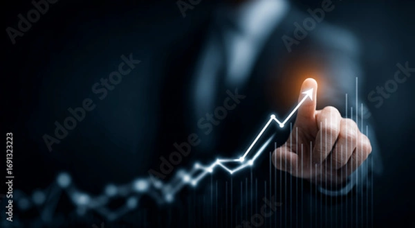 Fototapeta Blue growth chart shows upward trend; finger highlights point. Success backdrop, finance presentation, business report.