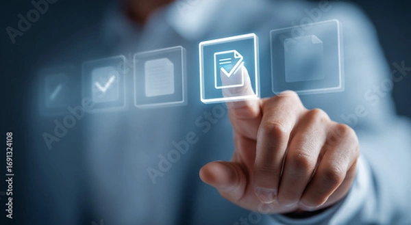 Fototapeta Blue glassy digital interface shows hand touching a document, used for UI/UX design.