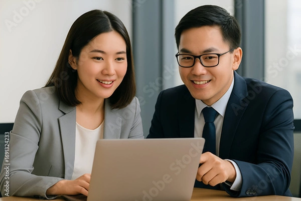 Fototapeta Portrait of two business colleagues, looking at something online 