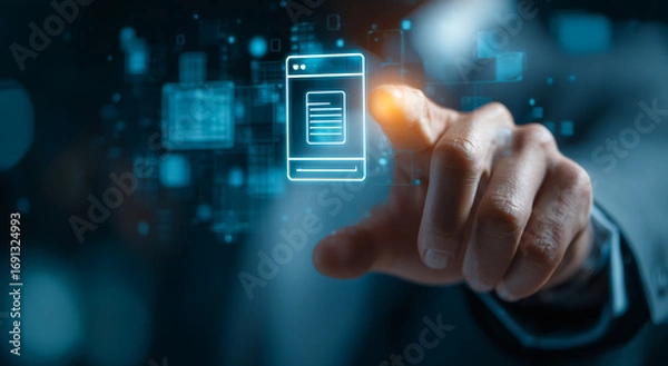 Fototapeta Blue digital abstract features a touch gesture on a neon app icon, ideal for tech branding, UI design, and digital posters.