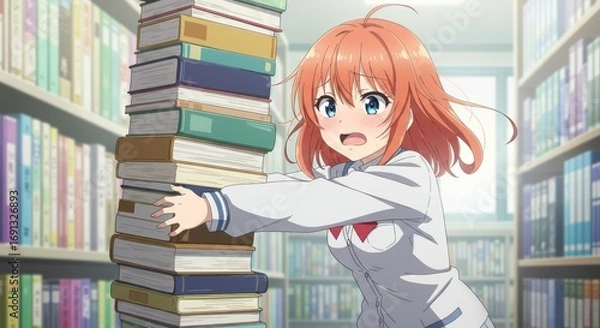 Fototapeta An overwhelmed anime schoolgirl struggling to carry a towering stack of heavy books in a sunlit library