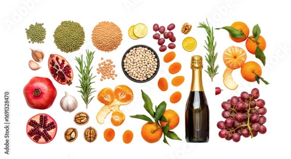 Fototapeta An overhead shot of various fruits, vegetables, legumes, nuts, herbs, and a bottle of sparkling wine on transparent background