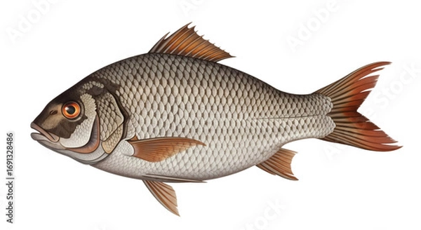 Fototapeta Illustration of a roach fish with detailed scales and orange fins on a black background isolated shot on transparent background
