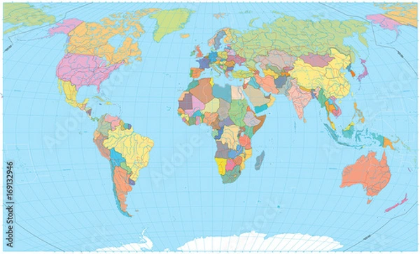 Fototapeta Colored World Map - borders, roads, rivers and lakes. No text